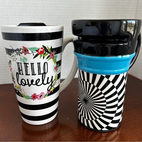Set of 2 Ceramic Travel Mugs Black and White OP Art Floral - Picture 3 of 16
